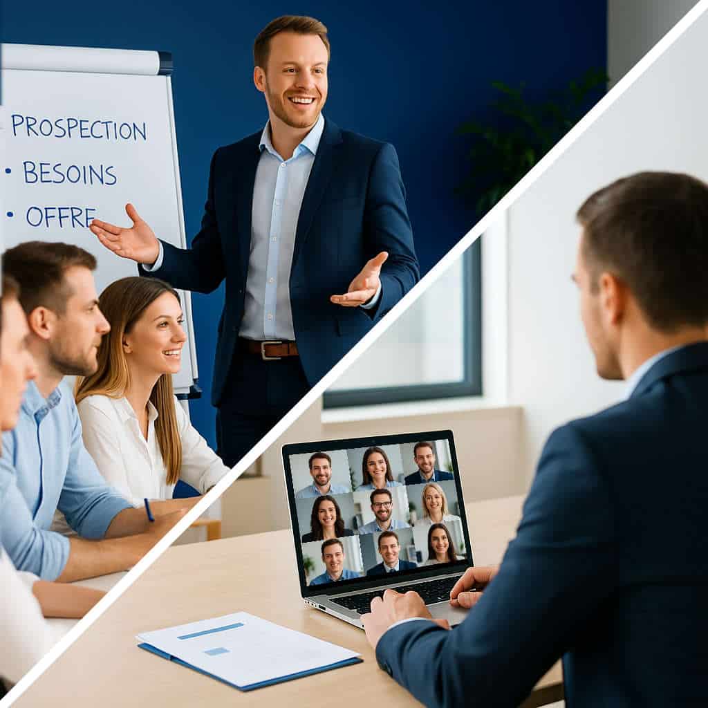Nos formations de vente sont proposées dans un format hybride combinant le présentiel au distanciel. Le présentiel permet de monter en compétence l'équipe alors que le distanciel permet de lever les obstacles individuels et de gérer les croyances limitantes.